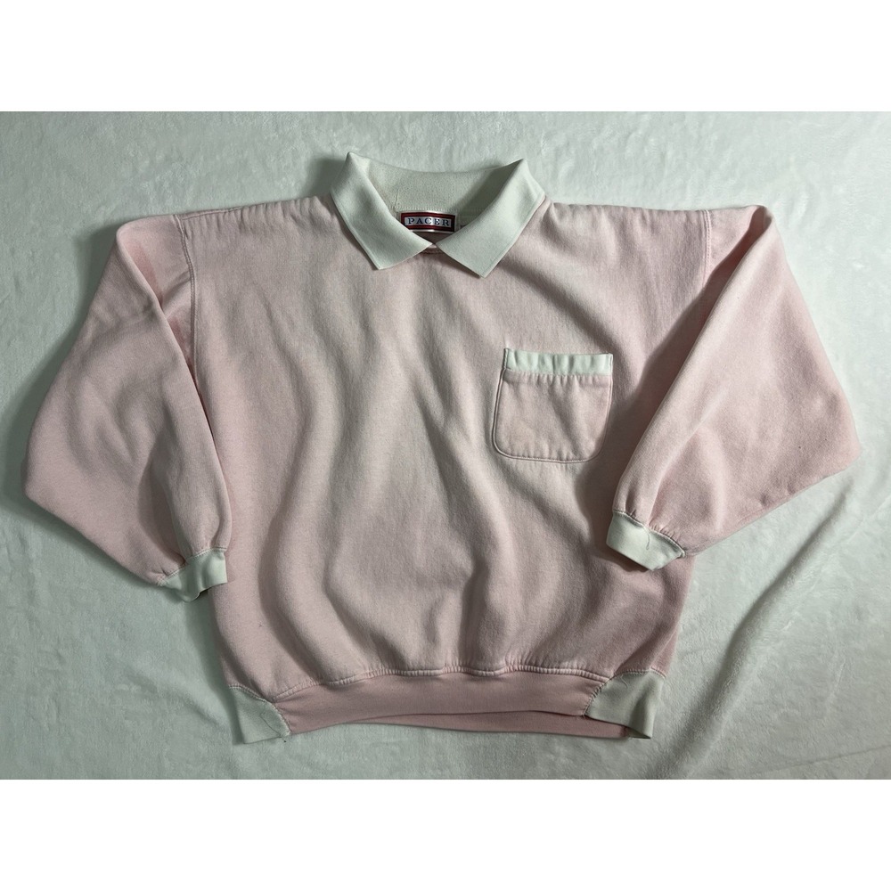 Pacer Pink White Collared Pullover Sweatshirt Pocket Women's L Casual